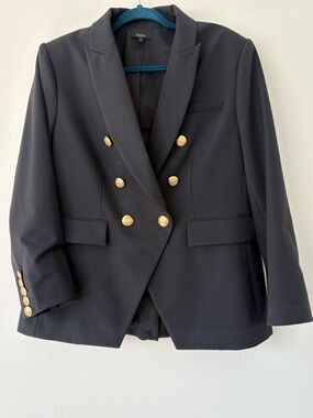 Quince Black Double Breasted Blazer Gold Buttons Scuba Stretch L